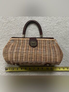 Mr Jonas Vintage Woven Straw Top-Handle Bag with Brown Trim